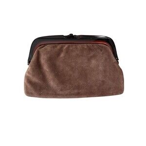 Vintage Brown Suede Clutch Lucite Bakelite Frame Kiss Lock Italy Purse 1970’s